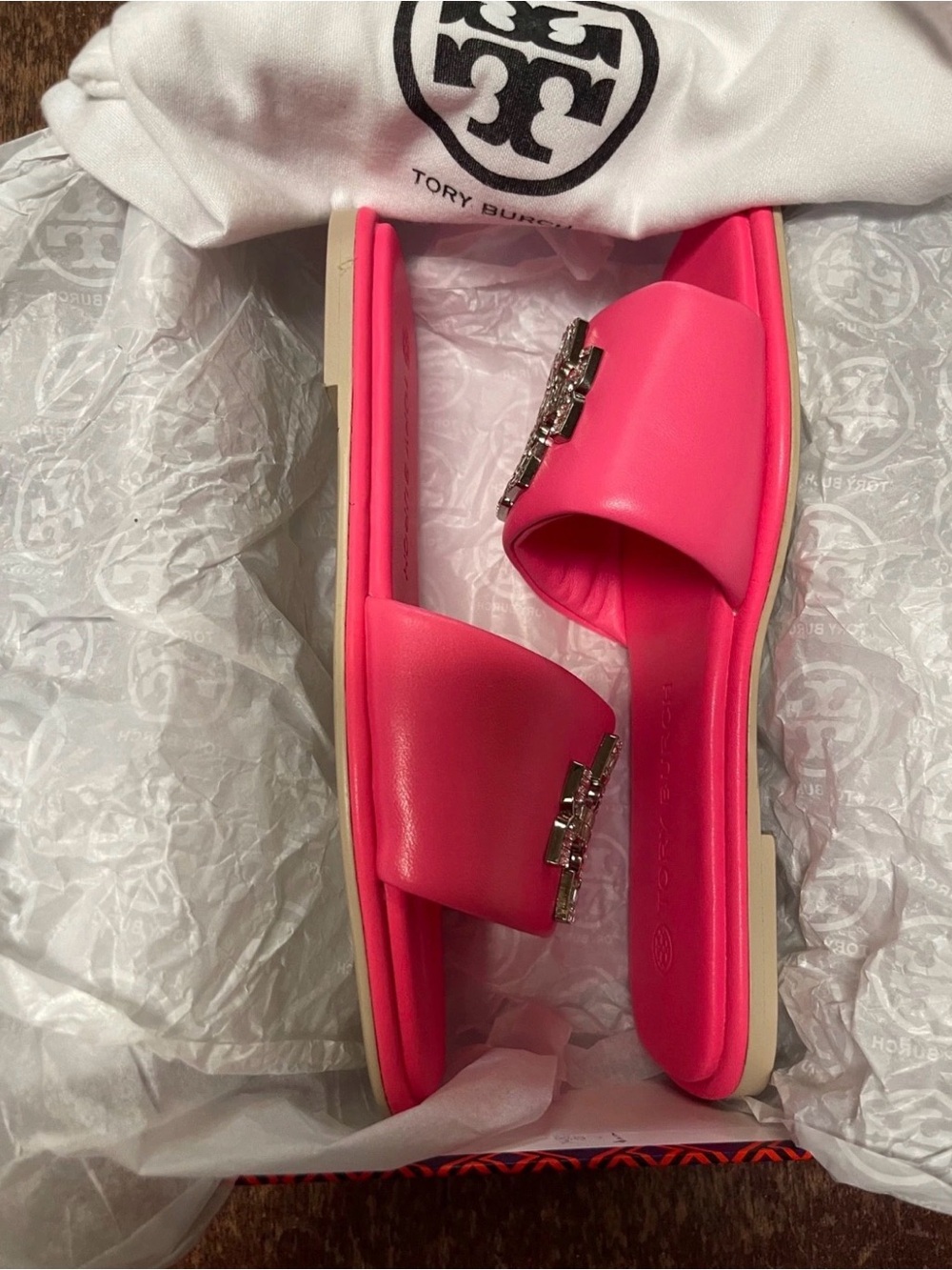 Tory Burch Neon Pink Crystal-Embellished Logo Slide Sandals text 5045474637. - Picture 6 of 7